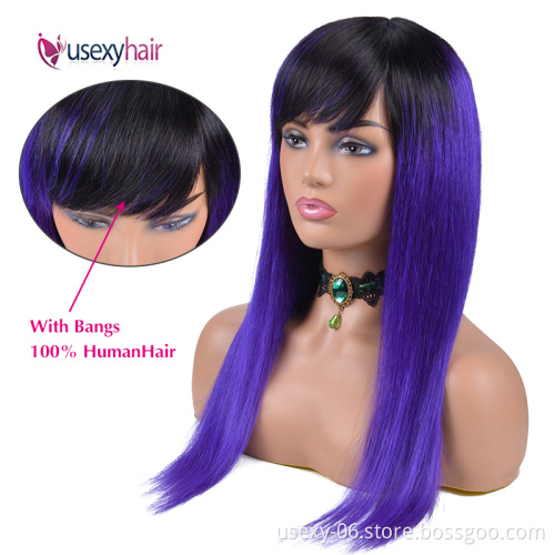 Pre Colored Human Hair Wigs With Bangs 1B Purple Ombre Color Raw Indian Hair None Lace Wigs For Black Women